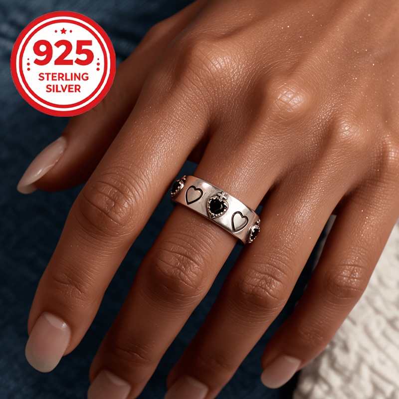 Women's 925 Silver Adjustable Open Black Heart Stackable Ring